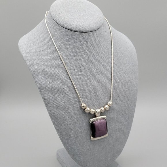 Cats Eye Purple Stone Womens Fashion Necklace Silver Tone Snake Chain 18 in - Picture 4 of 11